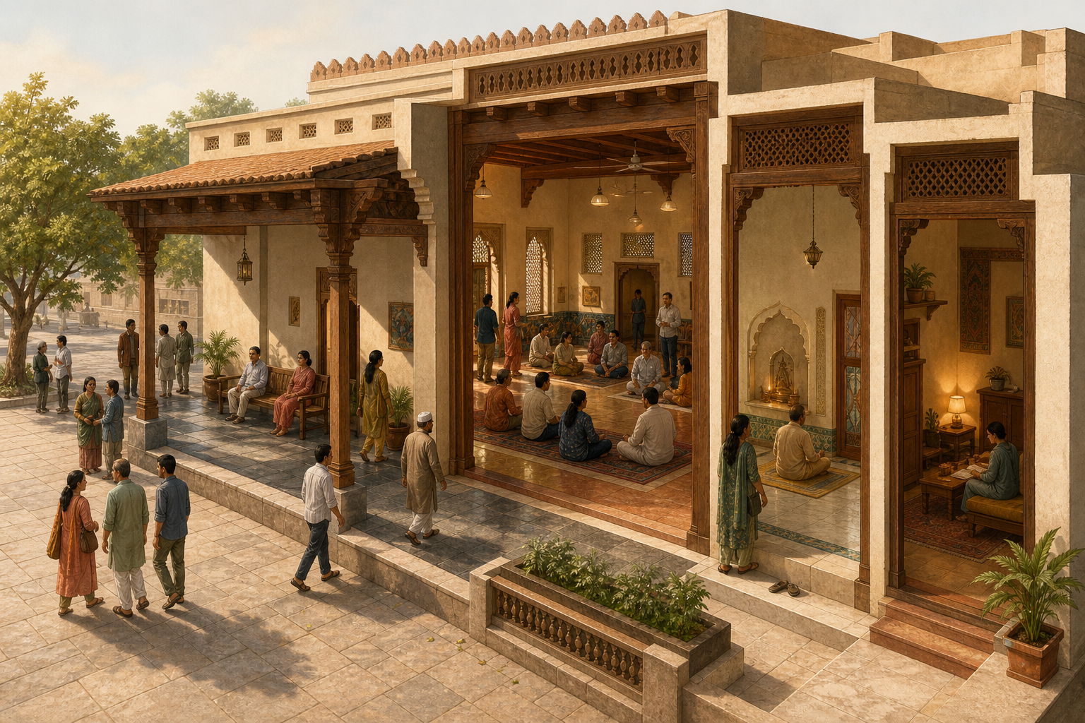 A cutaway community building shows a public square, veranda, communal hall, prayer alcove, and private inner room connected by a series of doorways.