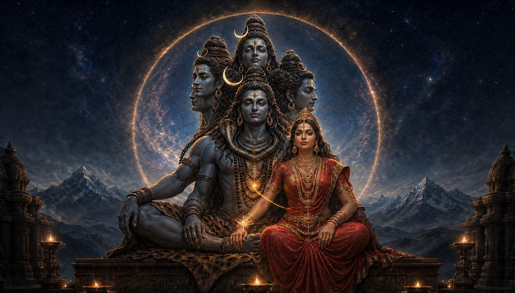 Five-headed Svachanda Bhairava sits with his luminous Shakti in an open cosmic sanctuary framed by mountains and oil-lamp light.