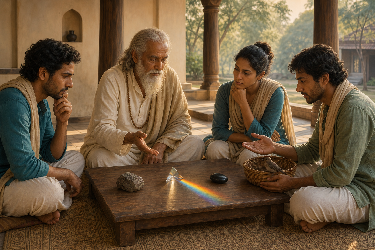 An elder and three students examine stones and a prism on a low table while one student prepares to release a bird.