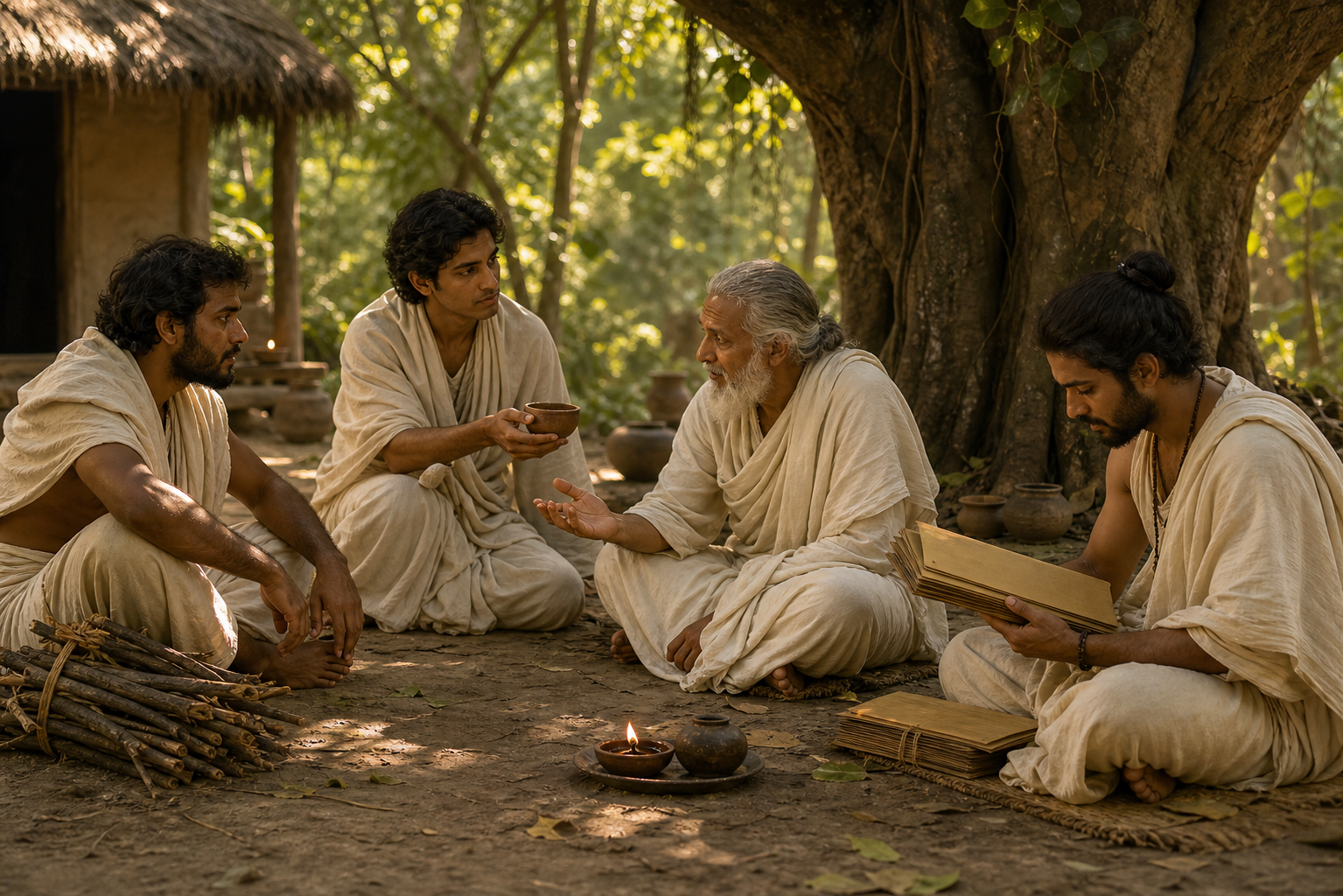 Mature Veda listens to a resting disciple while other students sit with him beneath a tree at a forest hermitage.