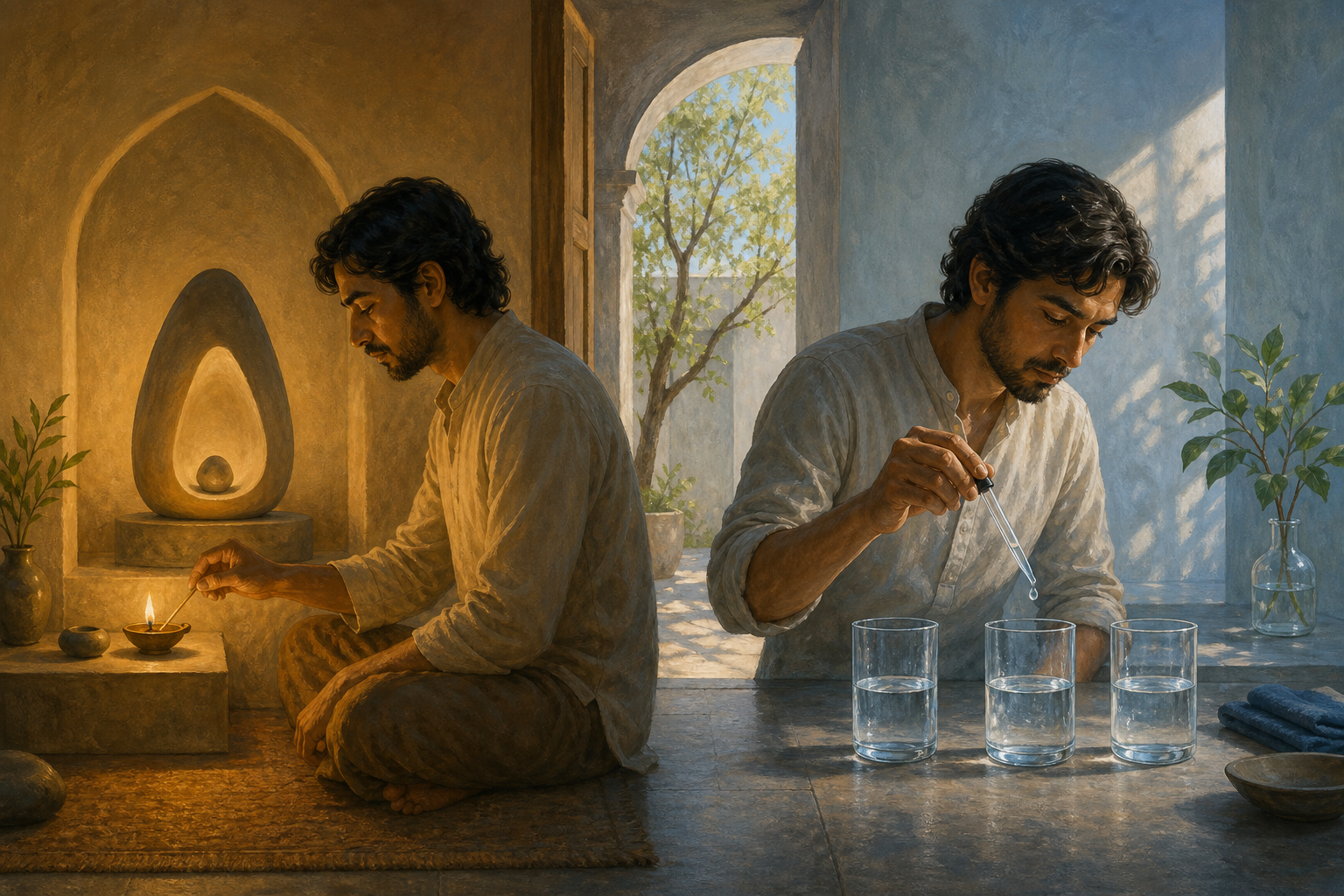 A person lights an oil lamp at a simple shrine on one side of a doorway and observes droplets entering glass vessels on the other.