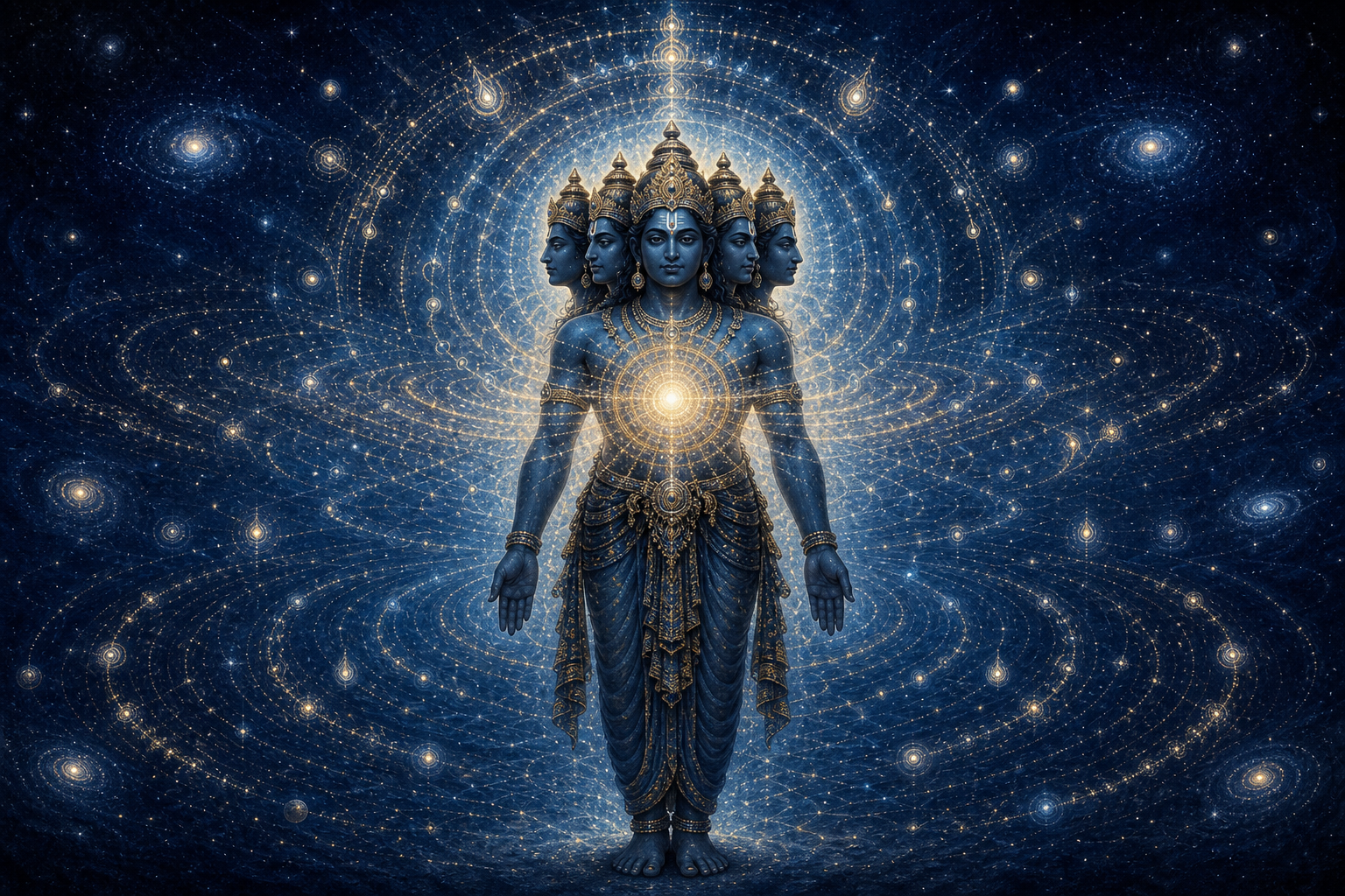 A five-headed divine figure stands in a dark cosmic expanse as rings of light and stars radiate outward from his heart.