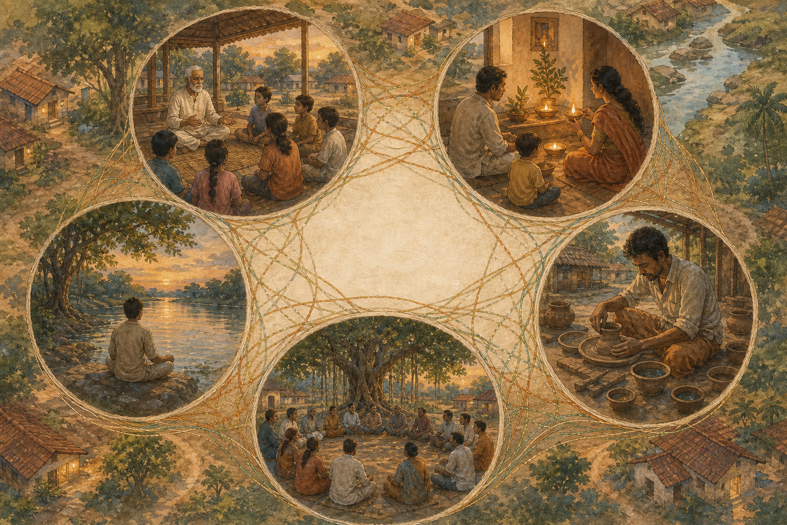 Five equally sized scenes show a teacher with students, a household lamp ritual, a potter, a village gathering under a banyan tree, and a person meditating beside a river, all linked by woven threads.