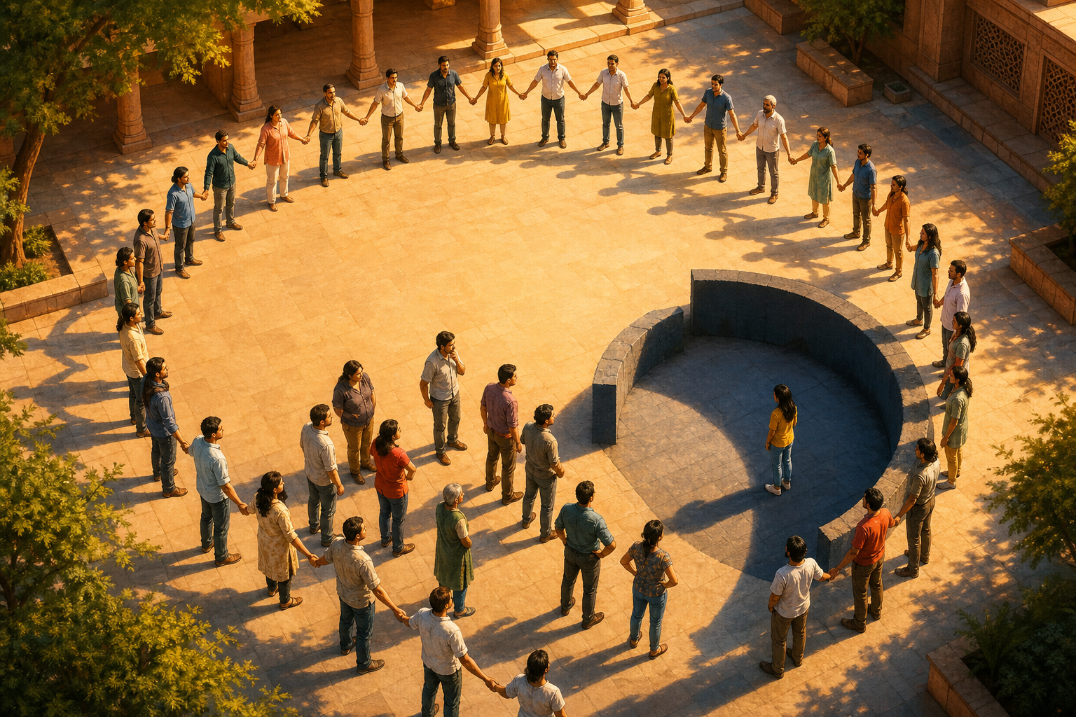 People hold open a circular gateway in a civic courtyard while its shadow creates a smaller barrier around one person at the edge of the group.