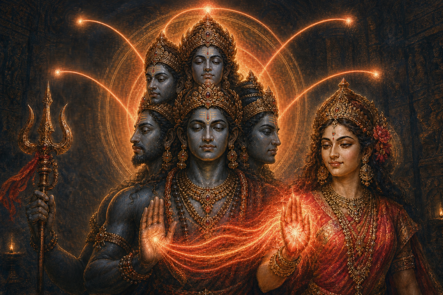 Svachanda Bhairava's five joined faces share a luminous halo with Shakti, whose red-gold radiance illuminates each face.