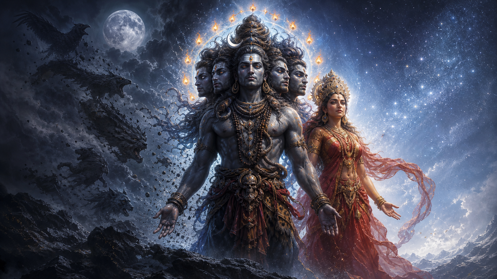 Five-headed Bhairava stands calmly with Shakti as storm clouds and dark shadows dissolve into a clear field of light around them.