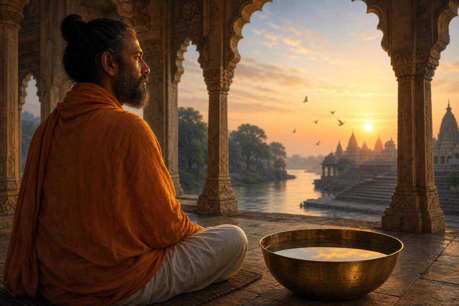 A seated practitioner looks toward a dawn landscape while a brass bowl reflects the sky in the foreground.