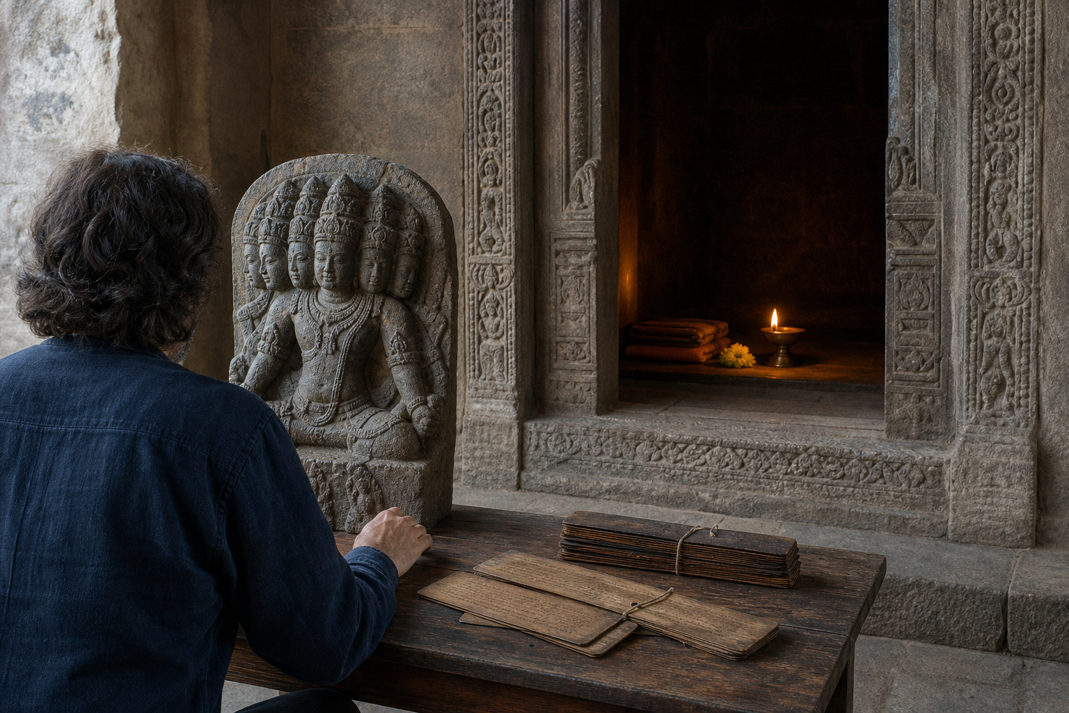 A researcher studies a five-headed stone image and manuscript folios outside a threshold leading to a softly lit inner shrine.