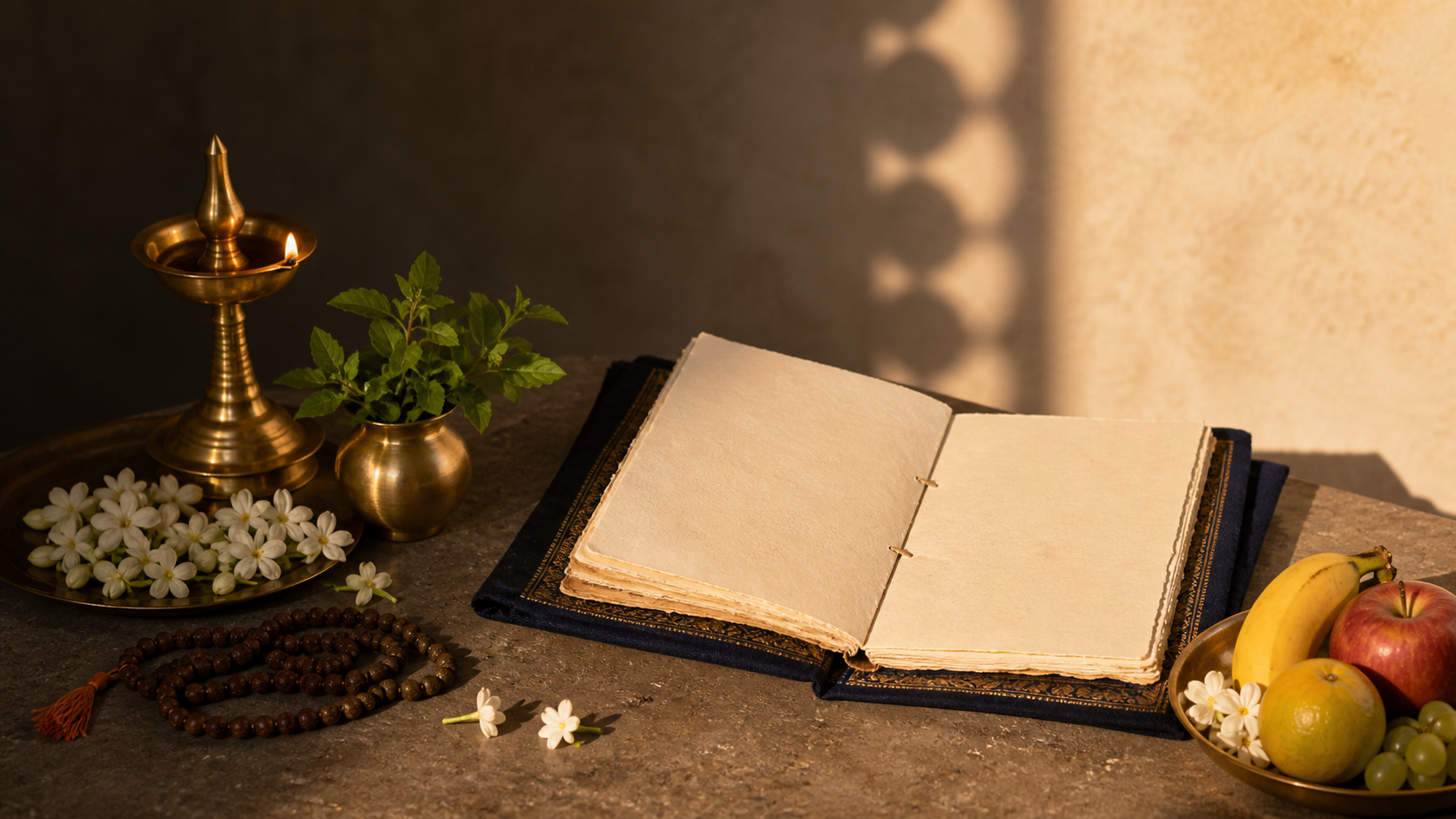 Brass oil lamp, kalasha, tulsi leaves, jasmine flowers, prayer beads, and fruit beside a blank folio in late-afternoon light.