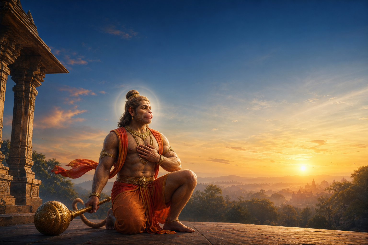 Hanuman kneels calmly at dawn with one hand over his heart and his gada resting on a stone terrace beside him.
