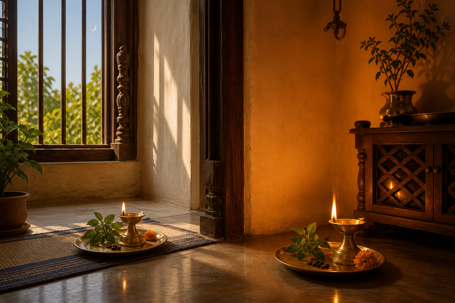 A home prayer alcove divided by early- and late-afternoon light, with brass lamps and tulsi offerings on both sides.