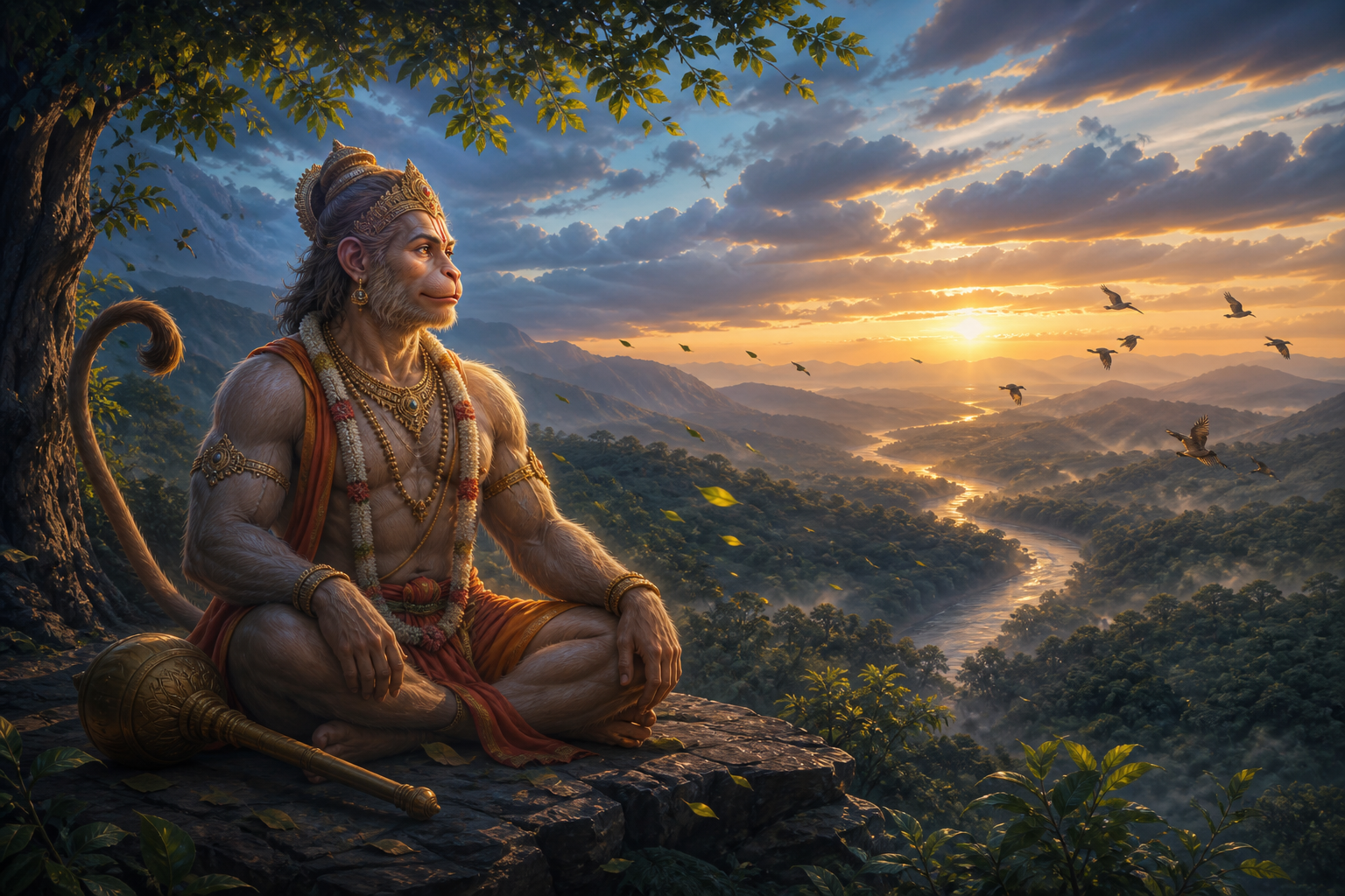 Hanuman sits alert on a forest ledge at sunrise as birds fly above a river valley and leaves move around him.