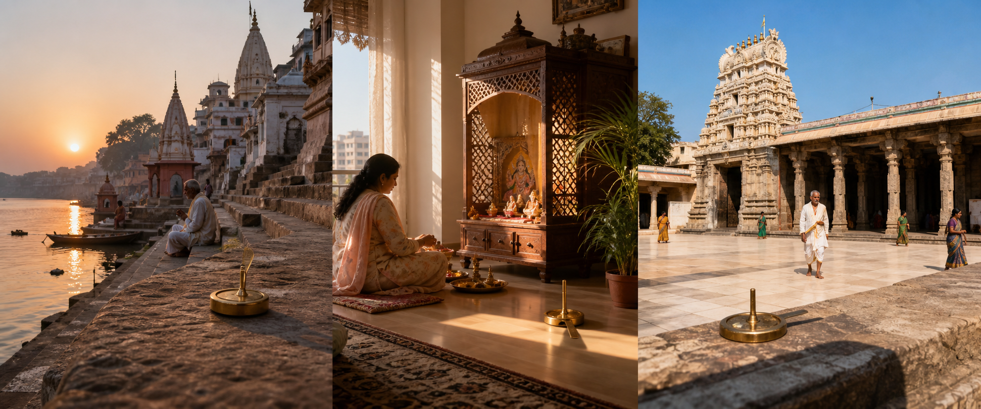 Three Indian worship settings under different sunrise conditions: a riverside temple town, an apartment prayer corner, and a temple courtyard.