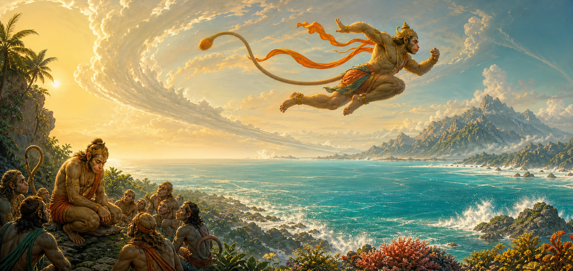 Hanuman appears small among vanara companions on a shore and much larger as he leaps over the ocean toward distant mountains.