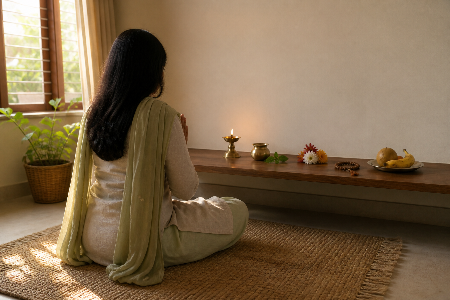 A devotee seated on a woven mat before a simple home altar with a brass lamp, water vessel, tulsi leaves, flowers, prayer beads, and fruit.