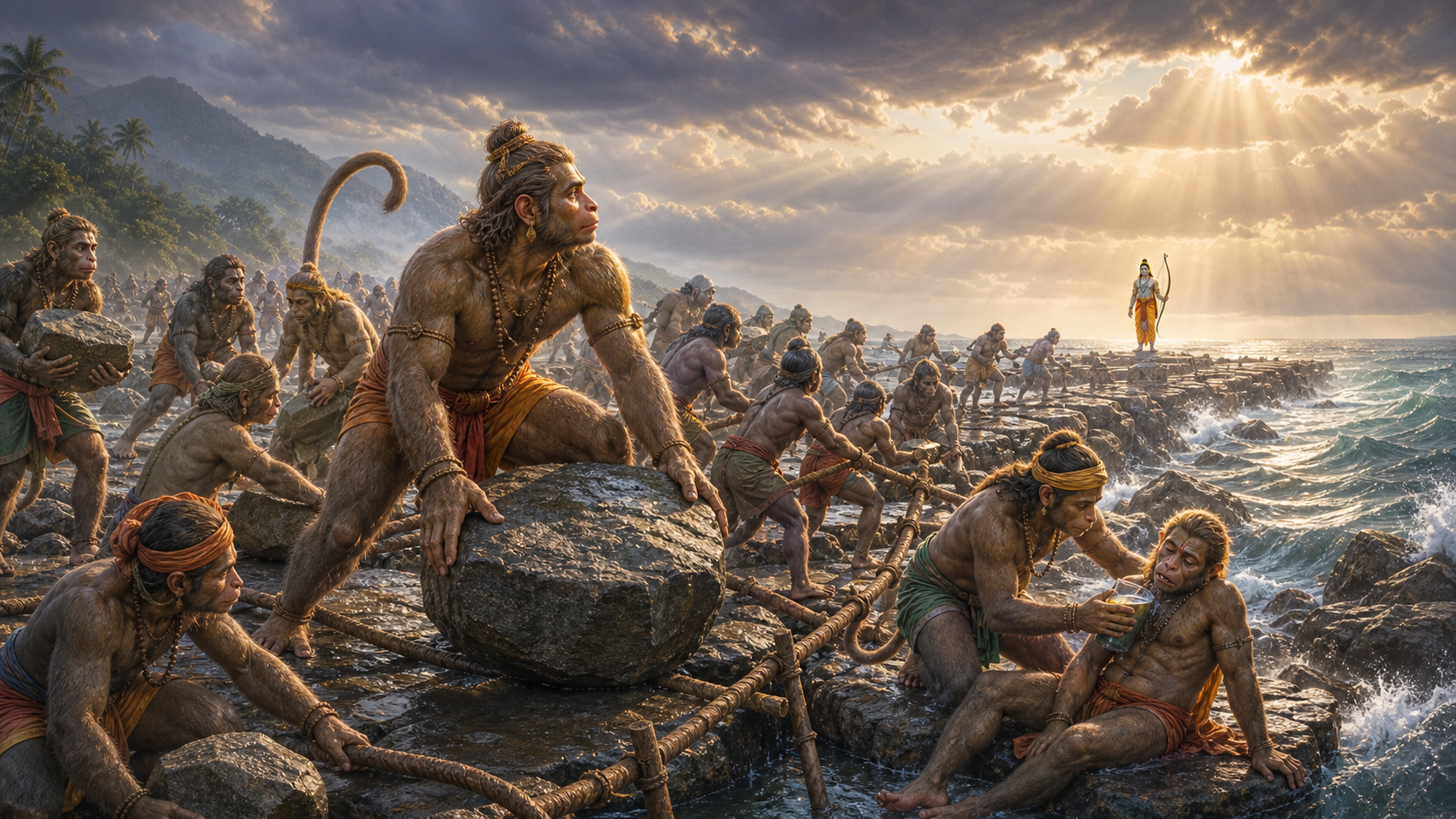 Hanuman and other vanaras work together to build a stone causeway while Rama watches from the distant shoreline.