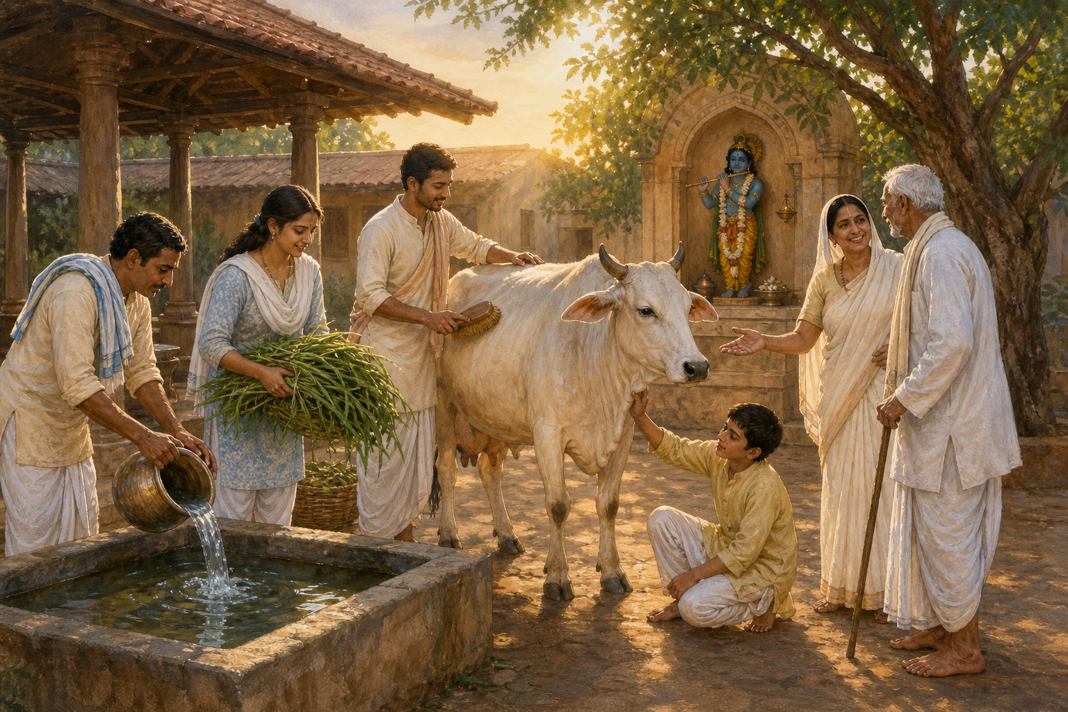 Devotees work together in a gaushala, giving a cow water, fodder, and gentle grooming near a small Krishna shrine at dawn.