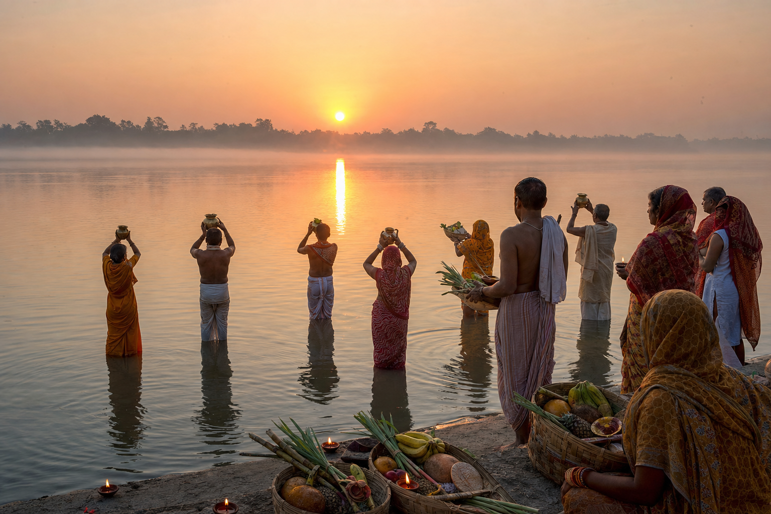 Worshippers stand in a river at sunrise with brass vessels and bamboo trays of fruit and sugarcane.
