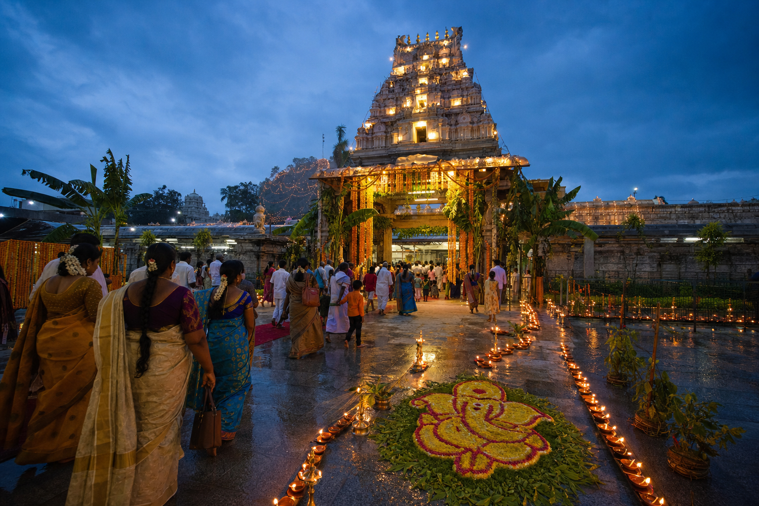 Pilgrims approach a lamp-lit South Indian temple decorated with flowers for a Ganesh festival evening in Kanipakam.