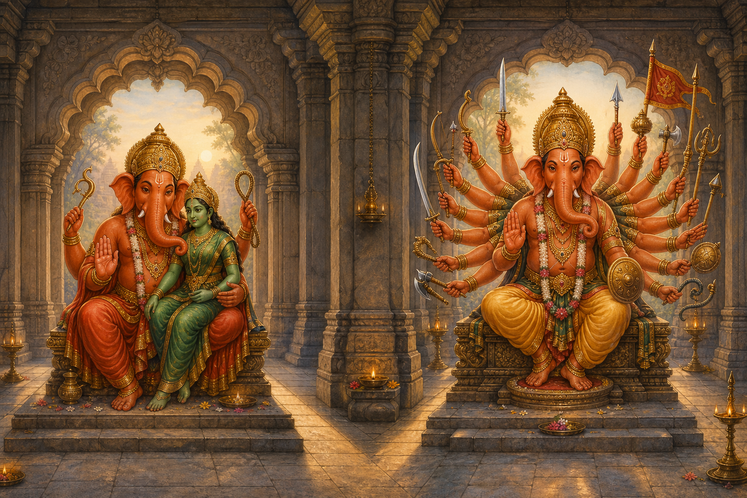 Shakti Ganesha with four arms embraces a green-complexioned goddess in one shrine bay, while sixteen-armed Veera Ganesha holds weapons and ritual implements in the neighboring bay.