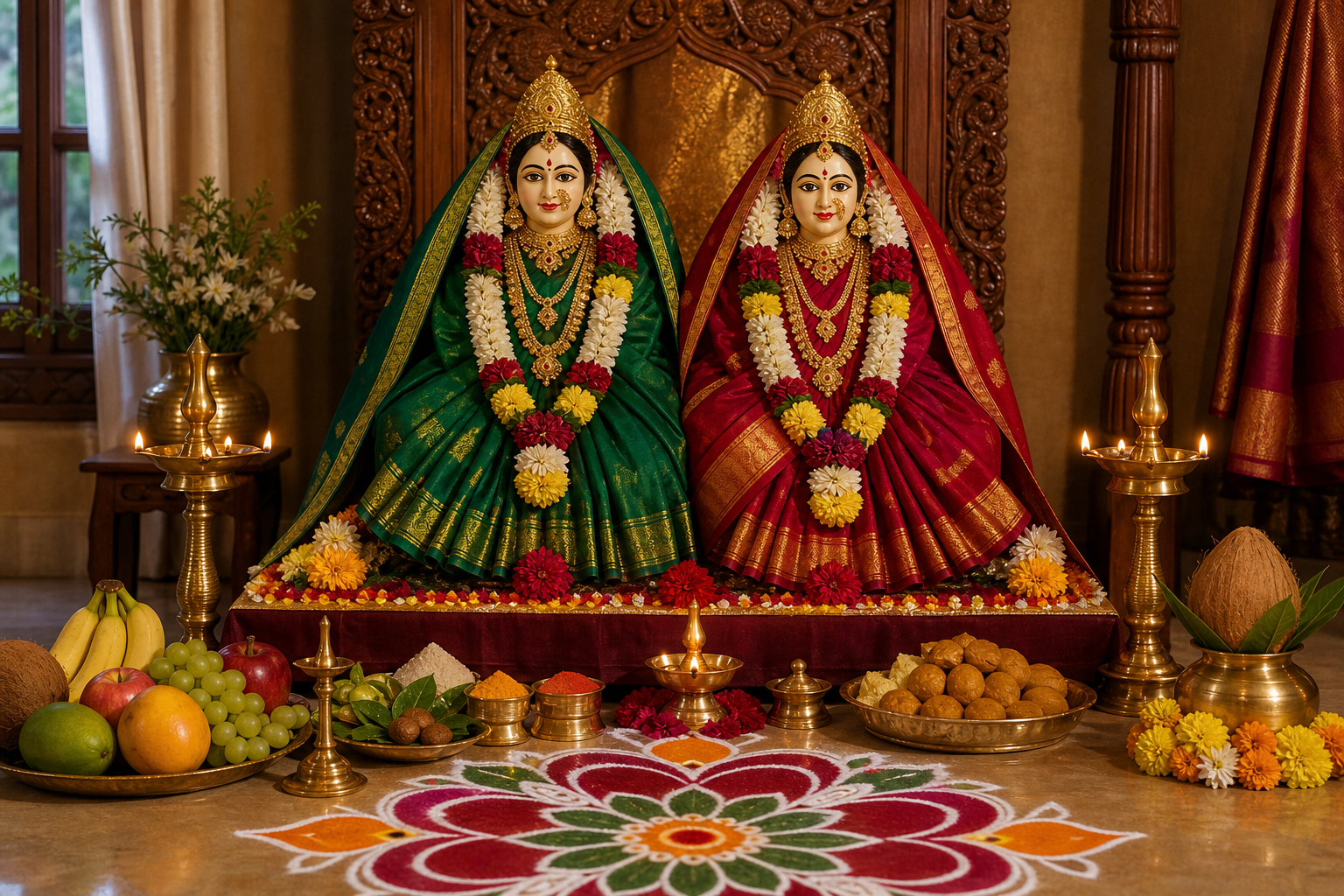 Two decorated Gauri forms in silk saris stand on a household altar surrounded by flowers, lamps, fruit, sweets and rangoli.