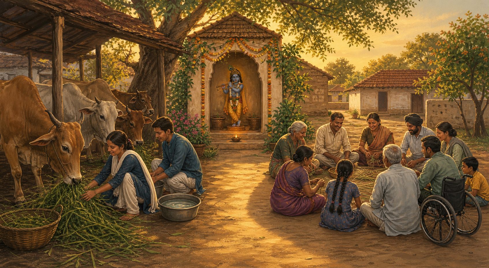 A Krishna shrine, volunteers caring for cows, and an inclusive group seated in an equal circle share one sunlit courtyard.