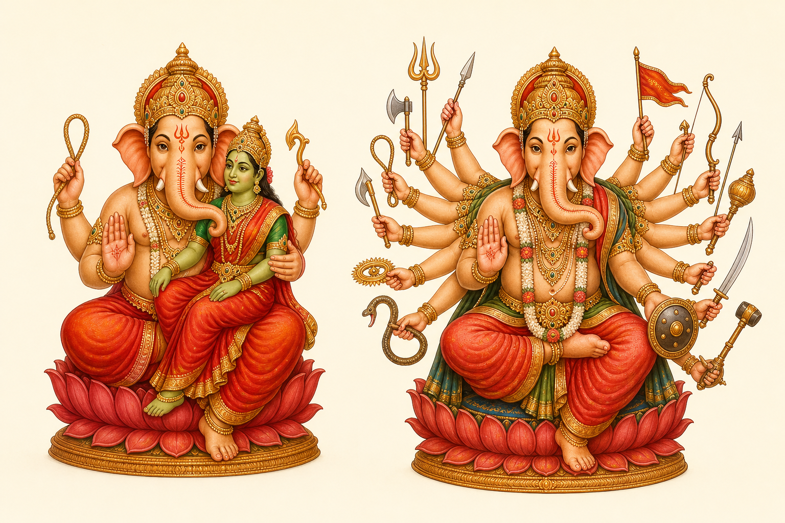 A frontal comparison shows four-armed Shakti Ganesha embracing a goddess beside Veera Ganesha with sixteen arms arranged around a collection of weapons and ritual implements.
