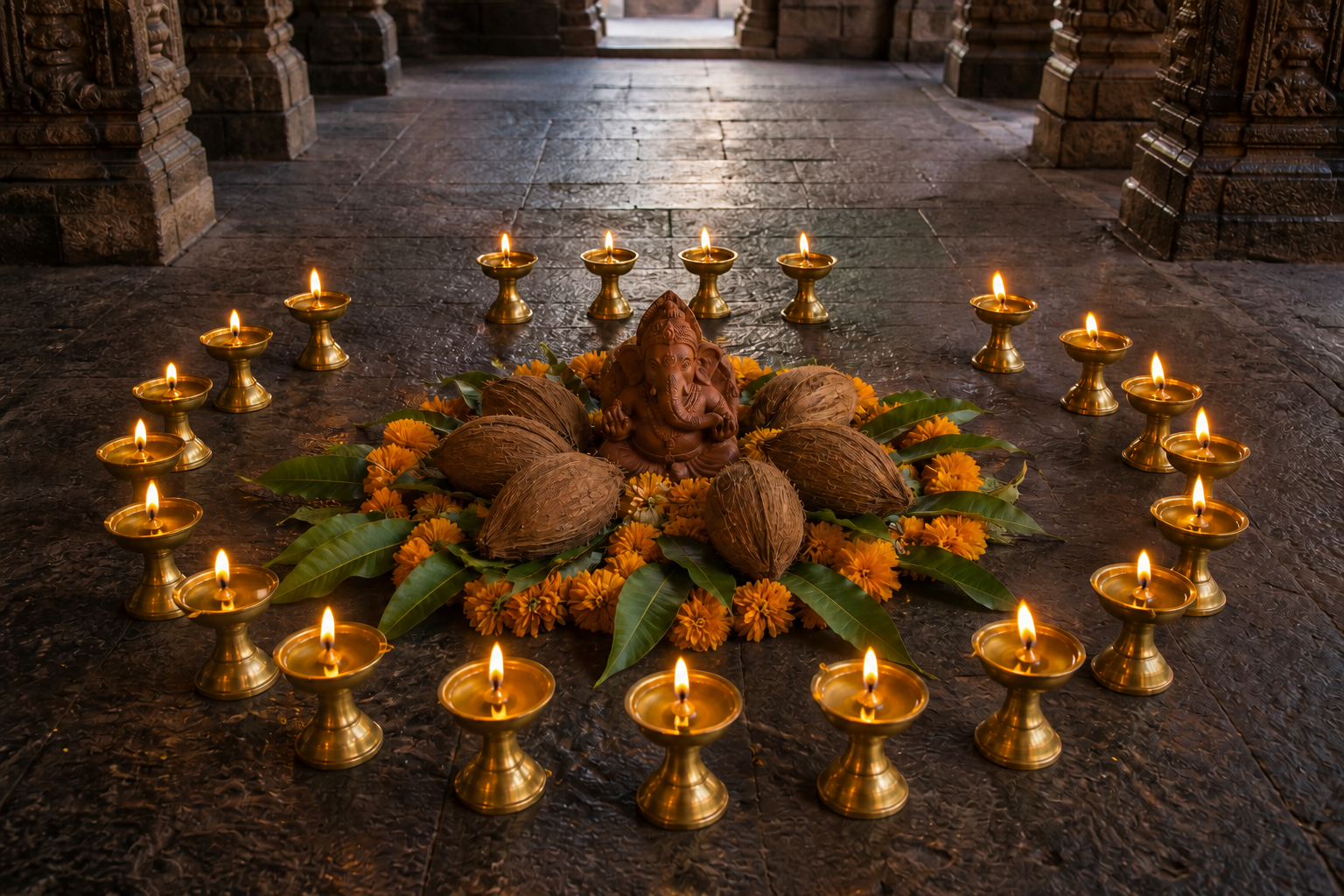 Twenty-one brass oil lamps surround a small clay Ganesh figure and flower offerings in a stone temple corridor.