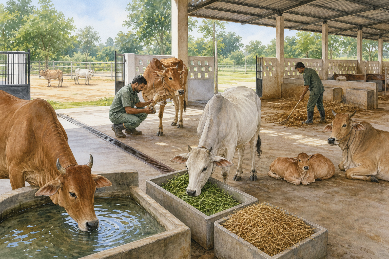 Cows receive clean water, suitable fodder, hoof care, dry bedding, shade, and space in a well-maintained sanctuary.