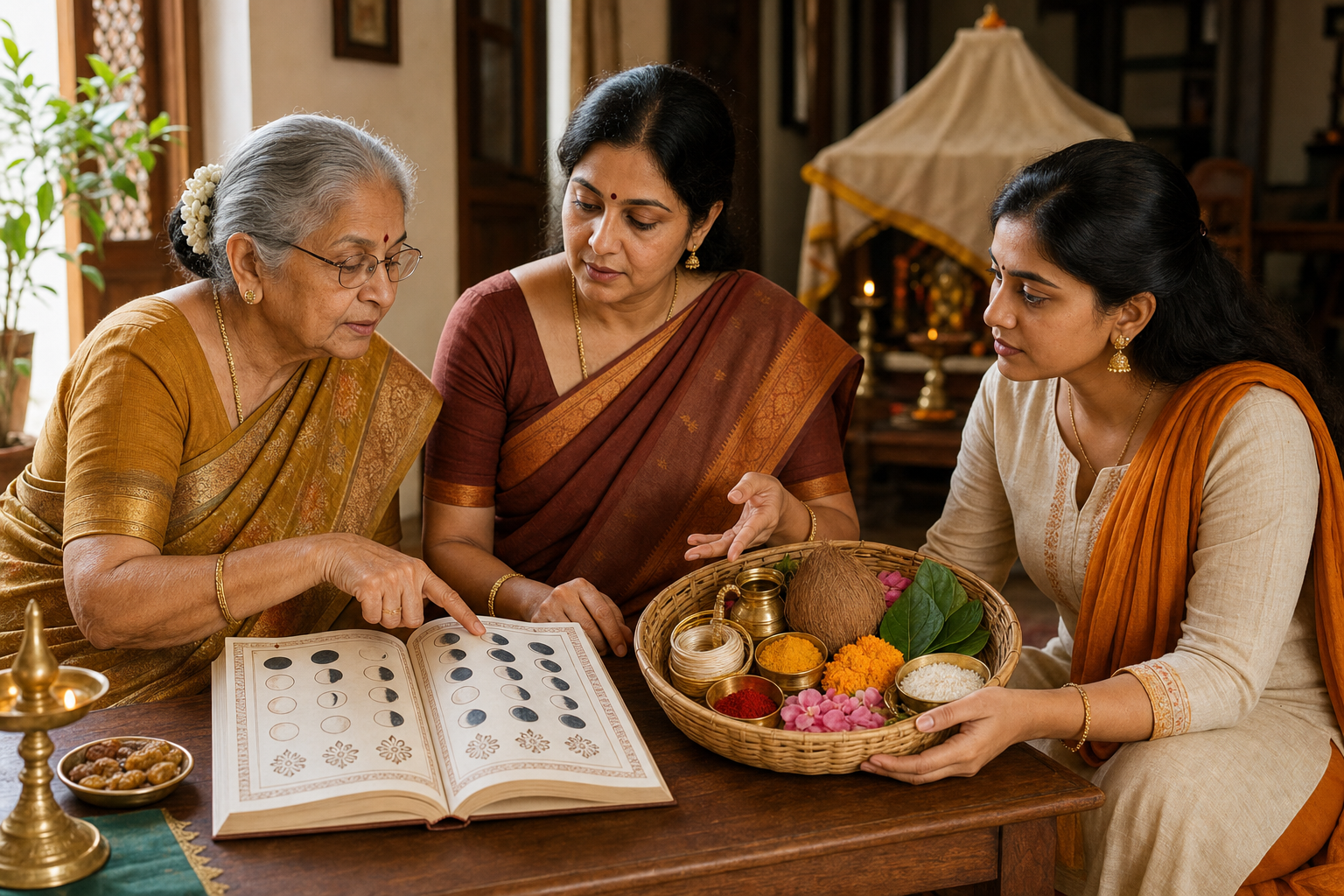 Three generations of a family examine a lunar almanac and inherited puja materials before preparing a household shrine.