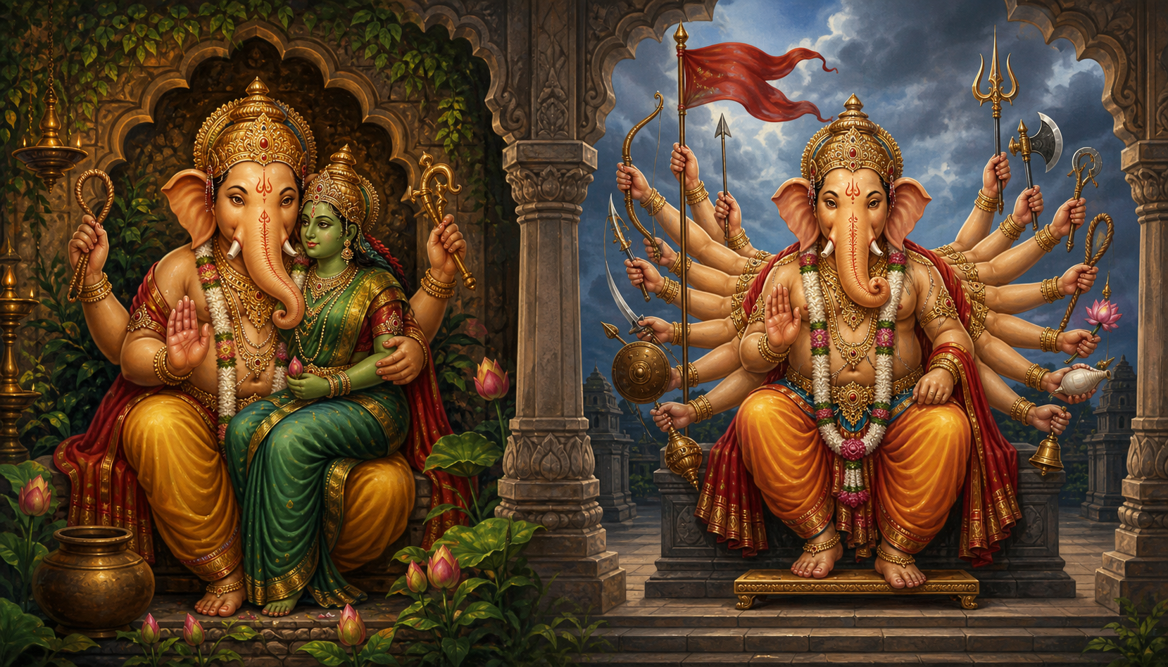 Shakti Ganesha calmly embraces a goddess in a sheltered garden alcove, while sixteen-armed Veera Ganesha sits with his implements at an open temple gateway beneath clearing clouds.