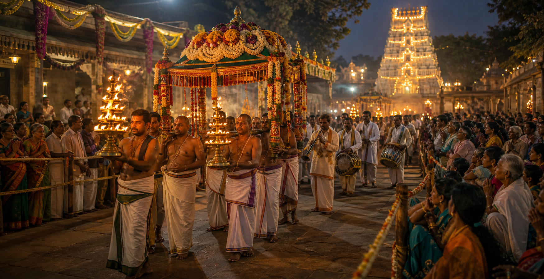 Pilgrims watch priests and traditional musicians take part in a lamp-lit temple procession beneath a decorated canopy.