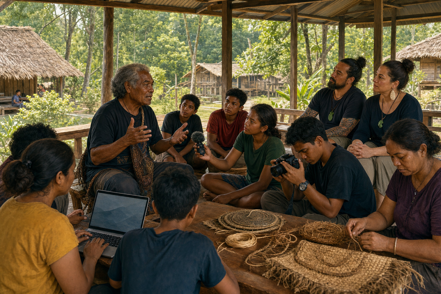A Koya elder shares knowledge with local youth during a community-led recording session as Maori visitors listen nearby.