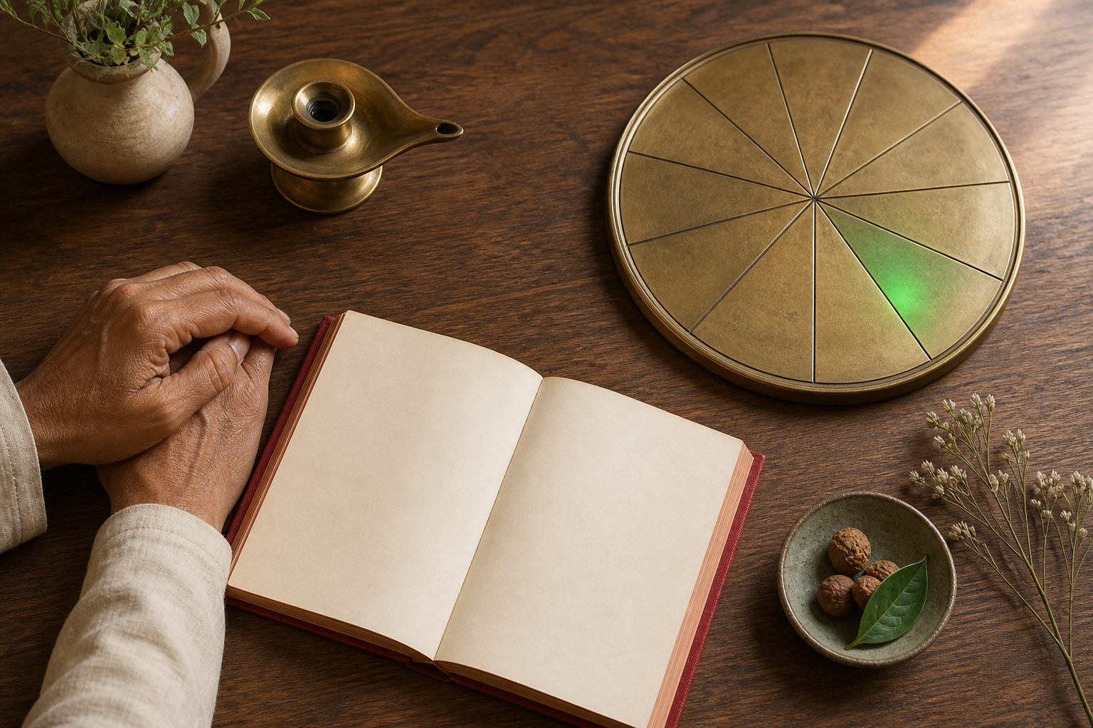 Adult hands rest beside an unlabeled red book and a brass circle divided into twelve plain sectors, one softly lit in green.