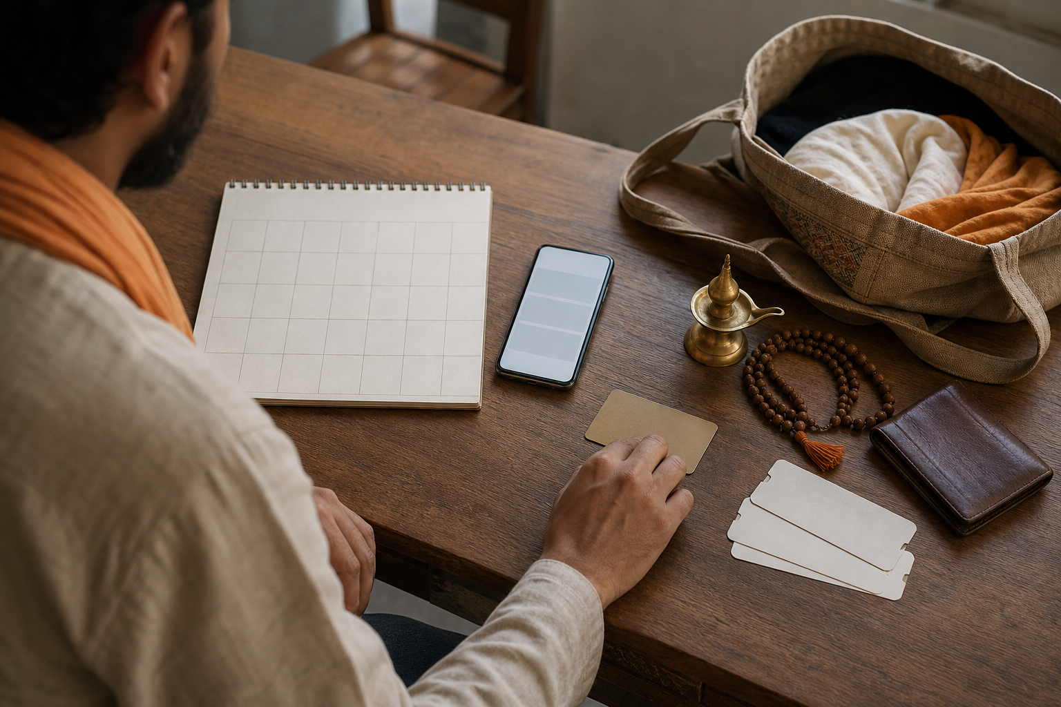 A traveler compares a blank calendar and phone schedule beside an unopened travel bag, wallet, prayer beads, and oil lamp.