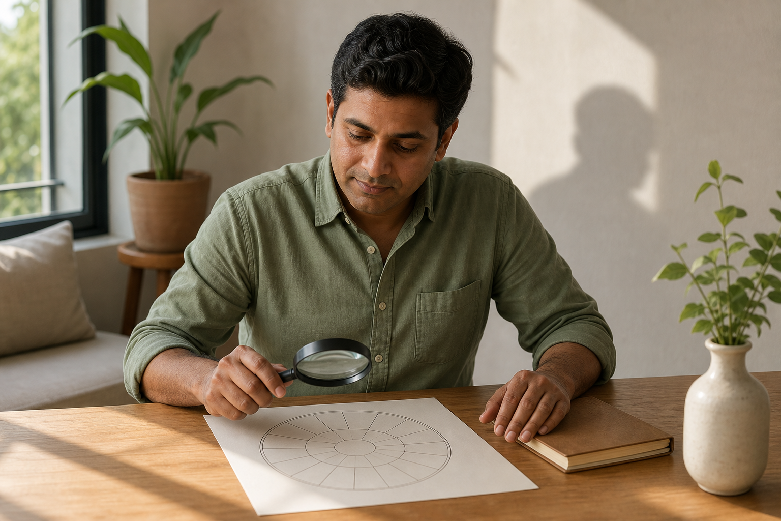 A seated adult calmly examines a plain radial diagram with a magnifying lens at a sunlit wooden table.
