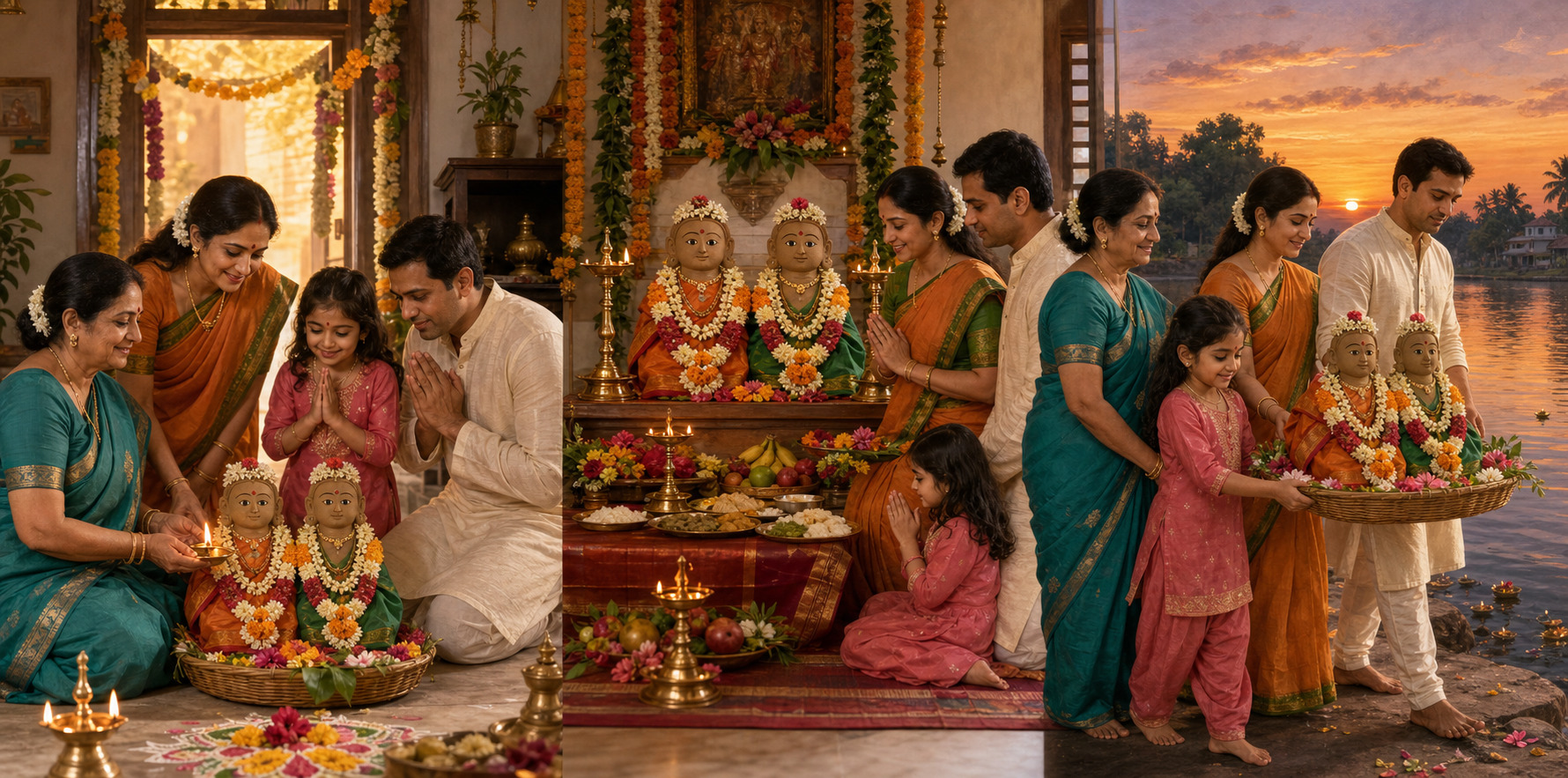 Three connected scenes show Gauri being welcomed into a home, worshipped at a decorated altar, and carried for a respectful farewell.