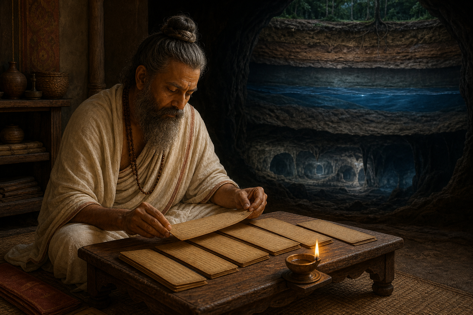 A scholar studies palm-leaf folios by an oil lamp while a dim vision of layered earth, water, and underground caverns appears behind the desk.