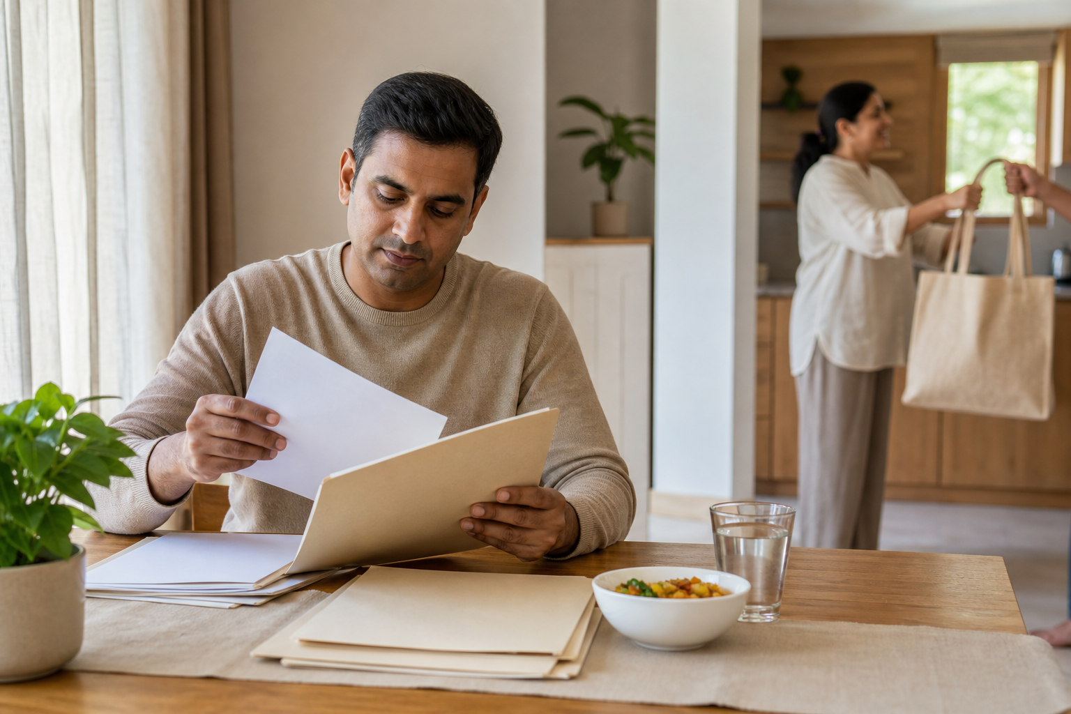 An adult organizes blank household papers at a tidy desk while another person receives a reusable grocery bag in the background.