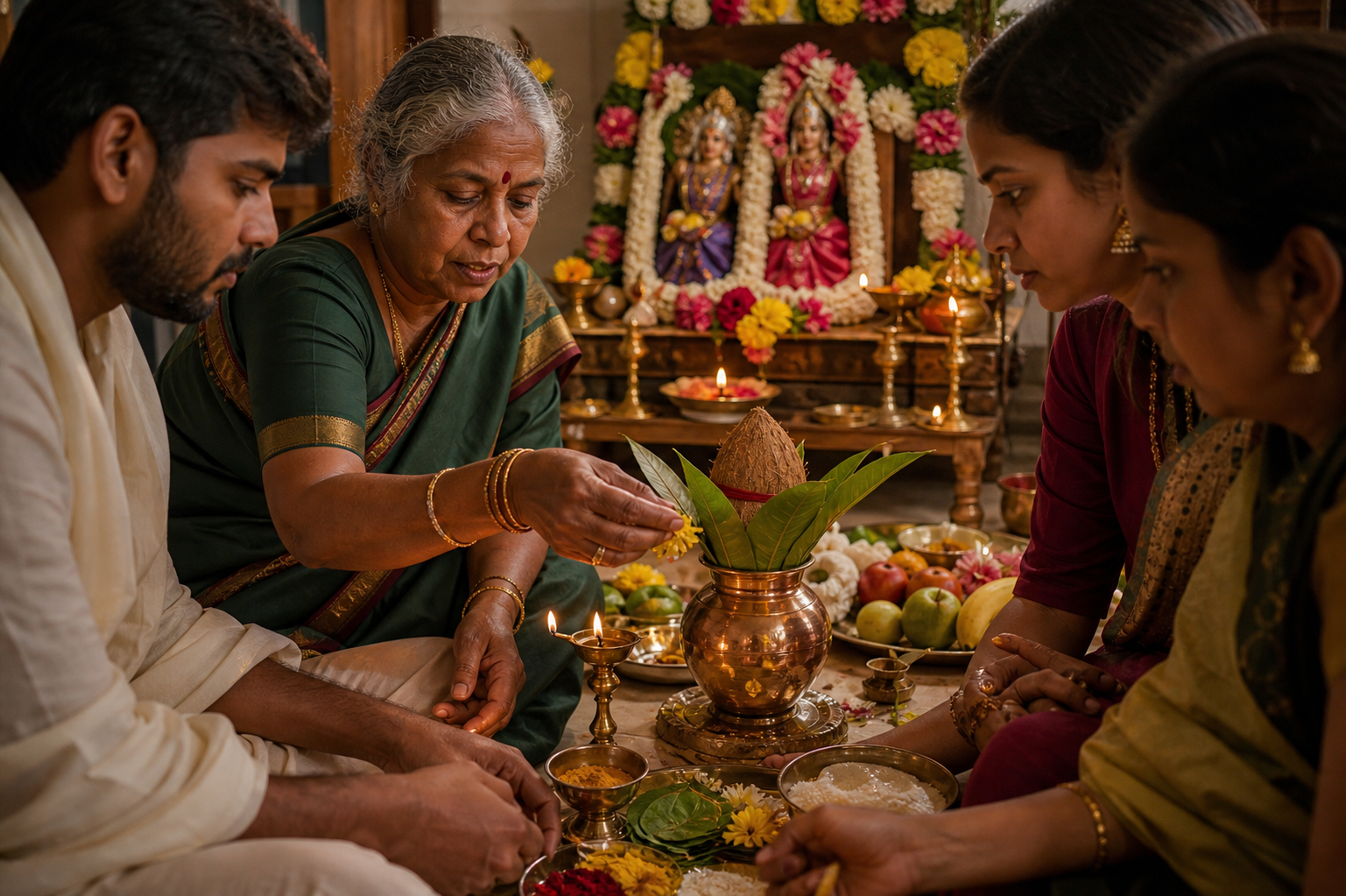 An elder guides younger family members as they arrange flowers and offerings before a decorated Gauri altar.