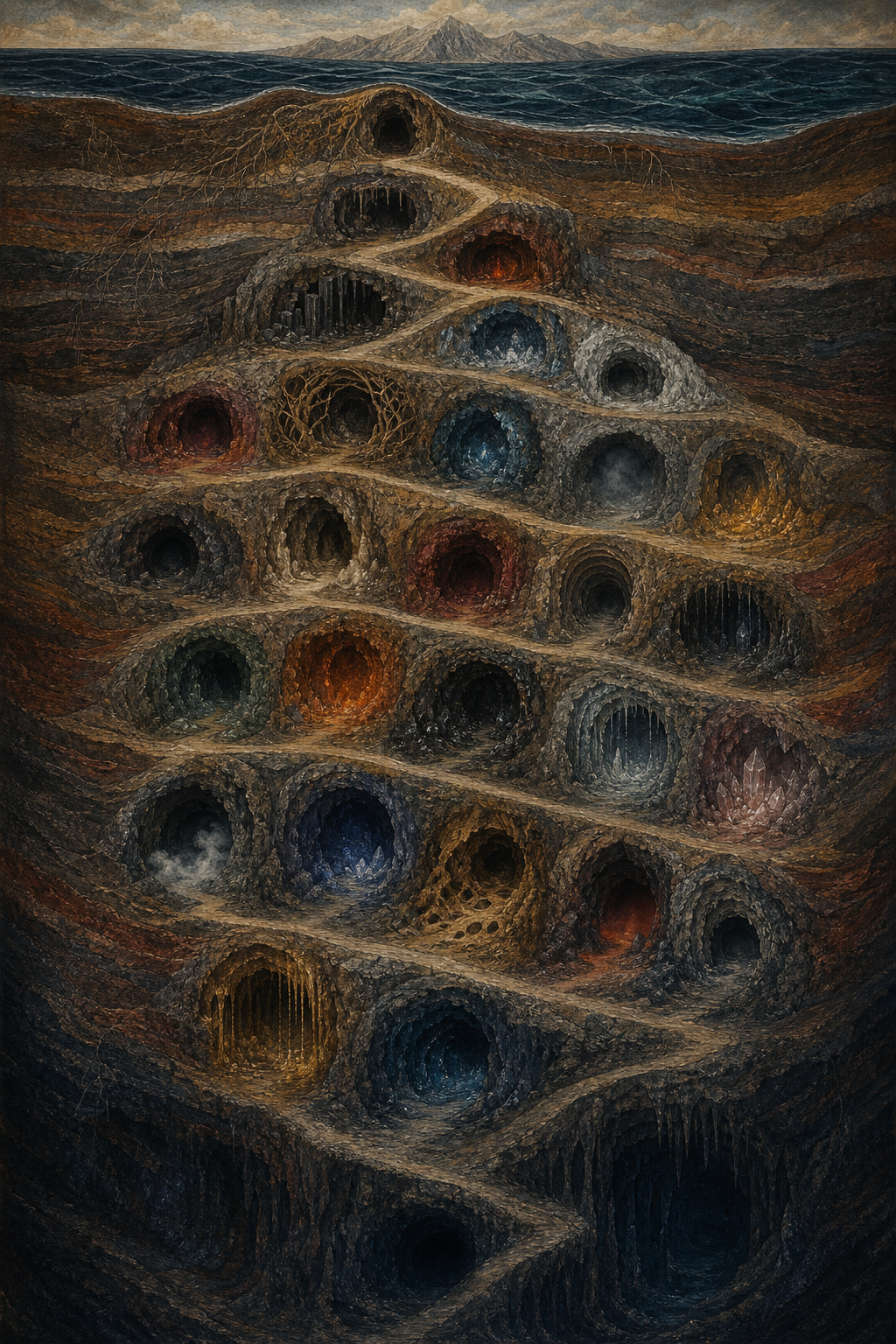 Twenty-eight distinct cavern entrances follow a winding path downward beneath layered earth and water, with firelight, frost, mist, roots, and darkness differentiating the chambers.