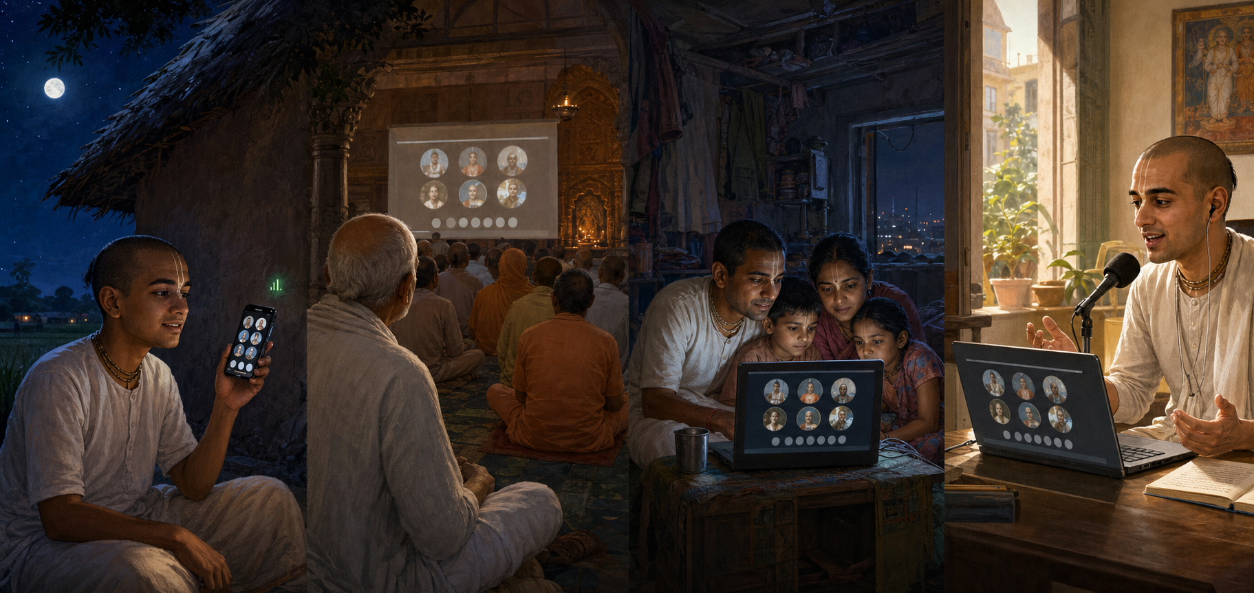 Devotees join the same online forum from a rural home, a temple, a crowded family room, and a well-equipped urban workspace.