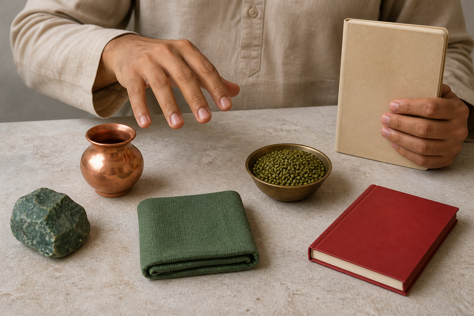 Hands inspect a green pebble and six wooden counters beside a closed notebook and a level balance scale.