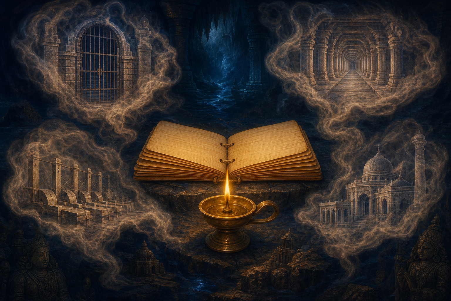 An oil lamp illuminates an unmarked palm-leaf manuscript while four hazy images of a prison gate, repeating corridor, punishment devices, and foreign architecture dissolve around it.