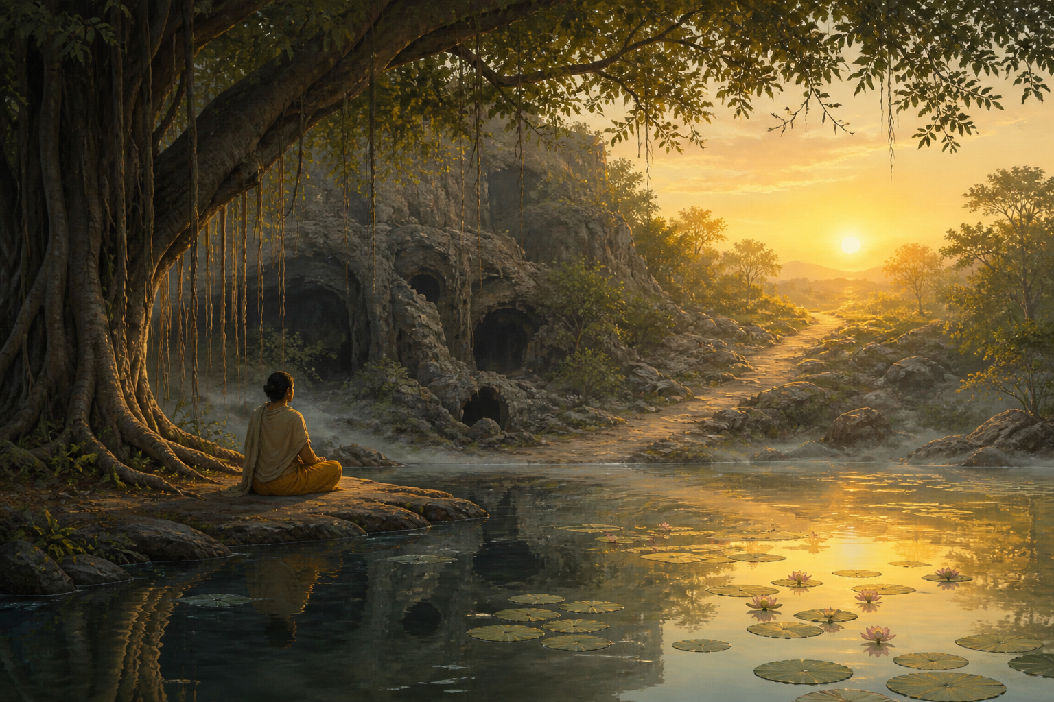 A traveler meditates beneath a banyan tree beside a river as a path rises from a shadowed rocky hollow toward a bright dawn horizon.