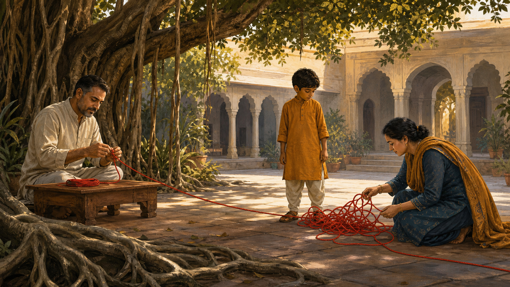 In a banyan-shaded courtyard, one adult knots a long red cord that tangles near a child's feet while another adult kneels to loosen it.