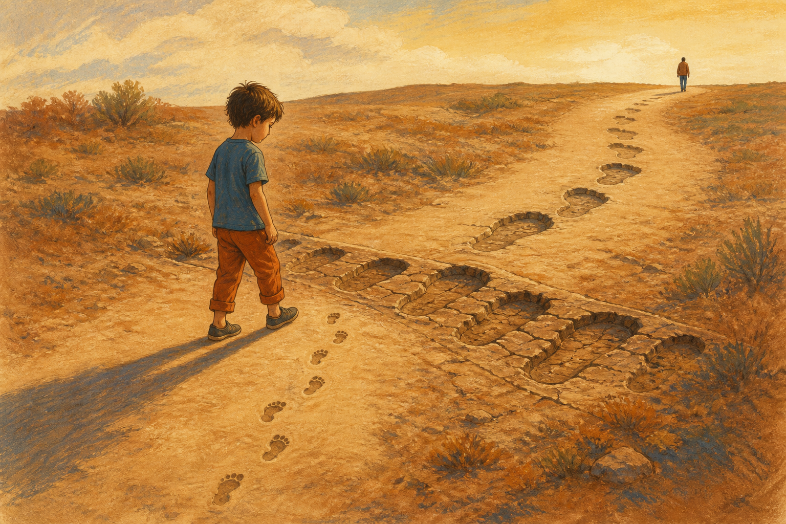 A child pauses on an earthen path where dried adult-sized footprints have formed deep ruts, while the child's smaller footprints begin separately behind them.