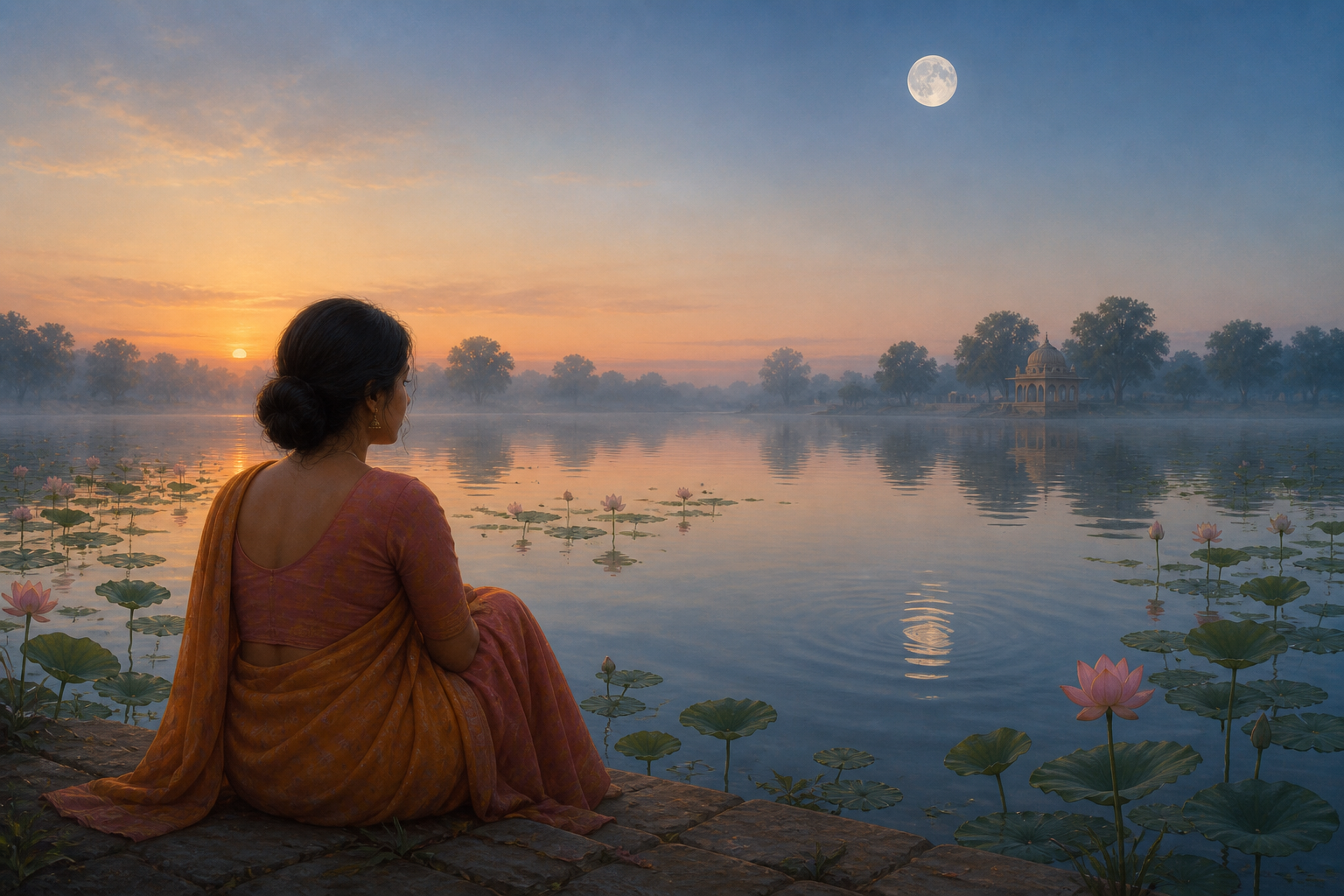 A woman beside a lotus pond watches a moon reflection distorted by ripples while the clear moon remains visible in the dawn sky.