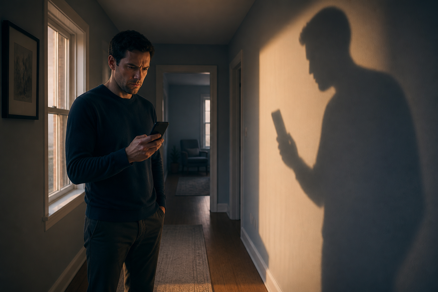 A tense person holds a phone in a hallway while the phone casts an unusually large shadow on the wall.