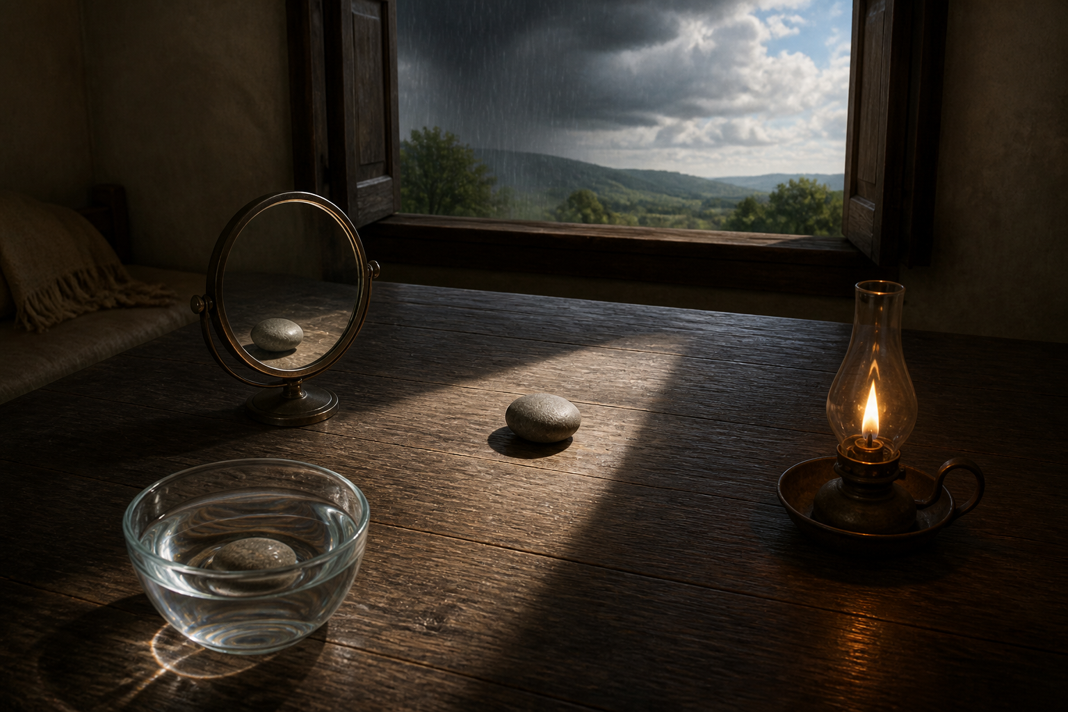 A stone on a wooden table is viewed through daylight, a mirror, water, lamplight, and an open window.